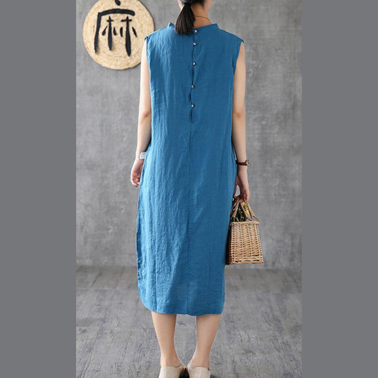 Natural stand collar sleeveless linen summer clothes For Women Inspiration blue Dresses - Omychic
