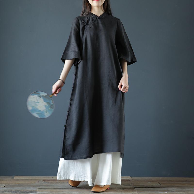 Natural stand cotton Long Shirts Neckline black Dresses summer - Omychic