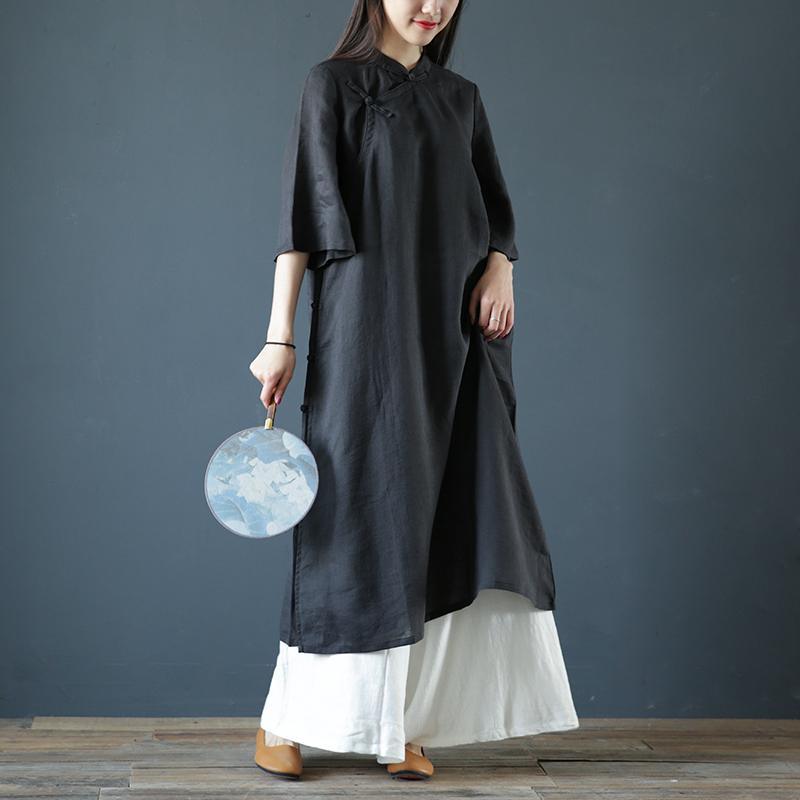 Natural stand cotton Long Shirts Neckline black Dresses summer - Omychic