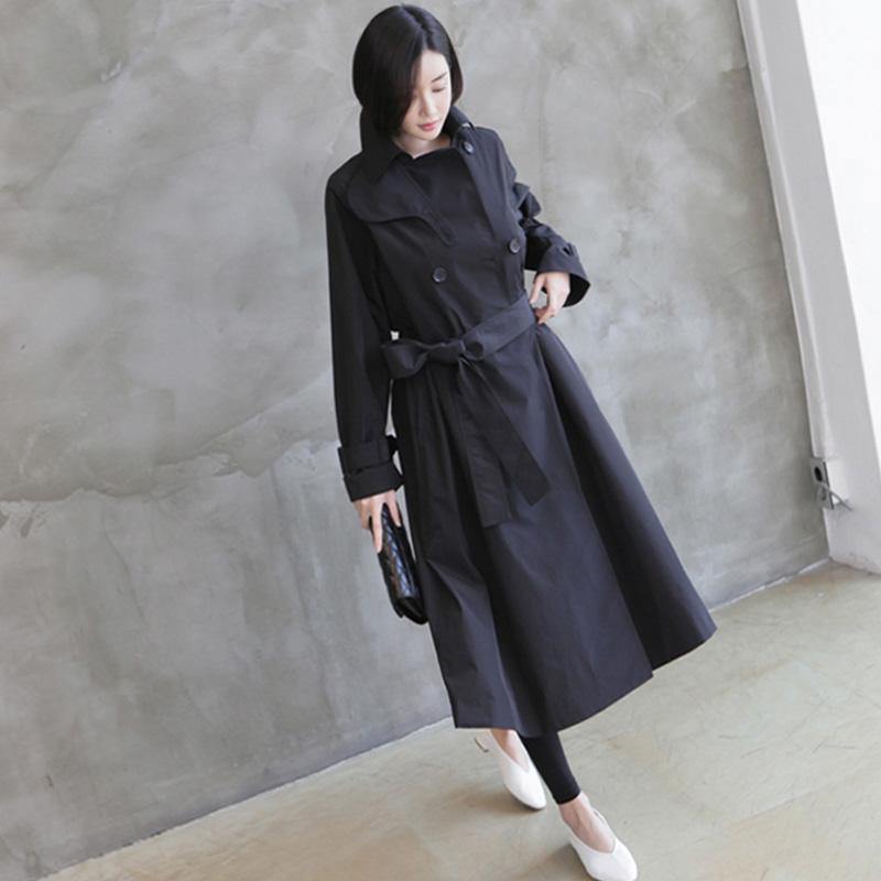 Natural tie waist Fine double breast clothes For Women black tunic coats - Omychic