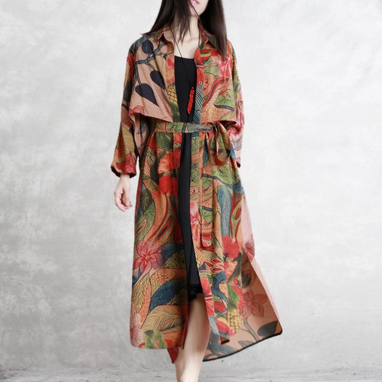 Natural tie waist silk clothes For Women top quality Work print Maxi coats - Omychic