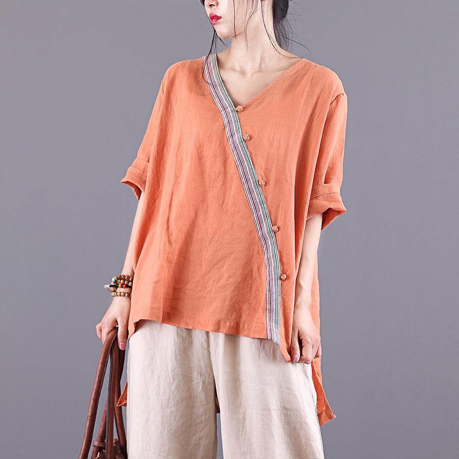 Natural v neck asymmetric patchwork linen Tutorials orange blouses summer - Omychic