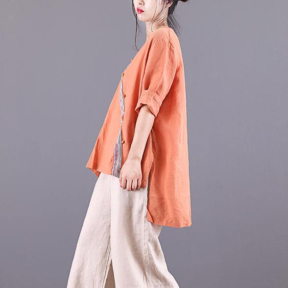 Natural v neck asymmetric patchwork linen Tutorials orange blouses summer - Omychic