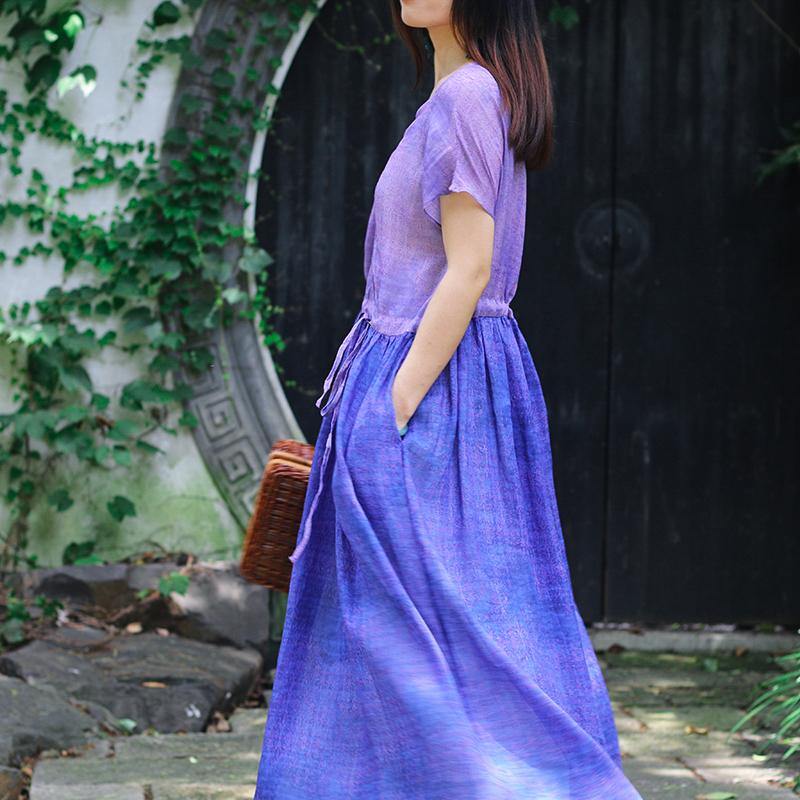 Natural v neck drawstring linen dress Fine Work Outfits purple print Maxi Dress Summer - Omychic