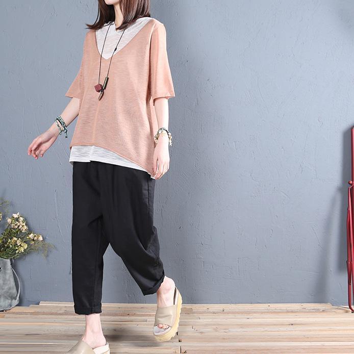 Natural v neck false two pieces linen for women Fashion Ideas pink blouses summer - Omychic