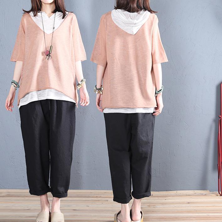 Natural v neck false two pieces linen for women Fashion Ideas pink blouses summer - Omychic