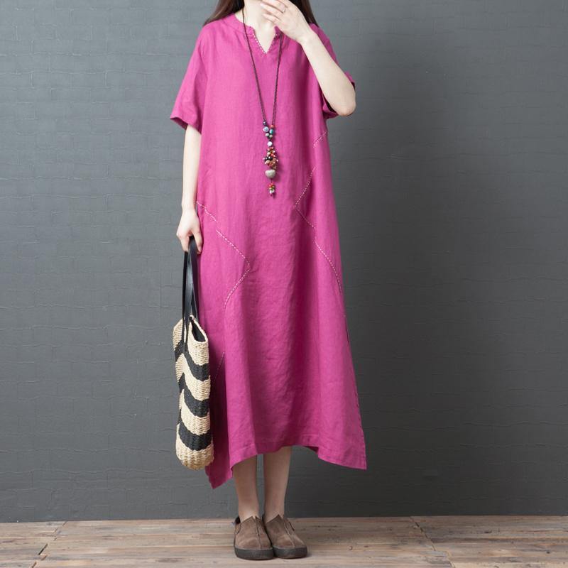 Natural v neck linen clothes For Women Sewing rose Dresses summer - Omychic