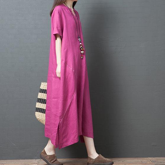 Natural v neck linen clothes For Women Sewing rose Dresses summer - Omychic