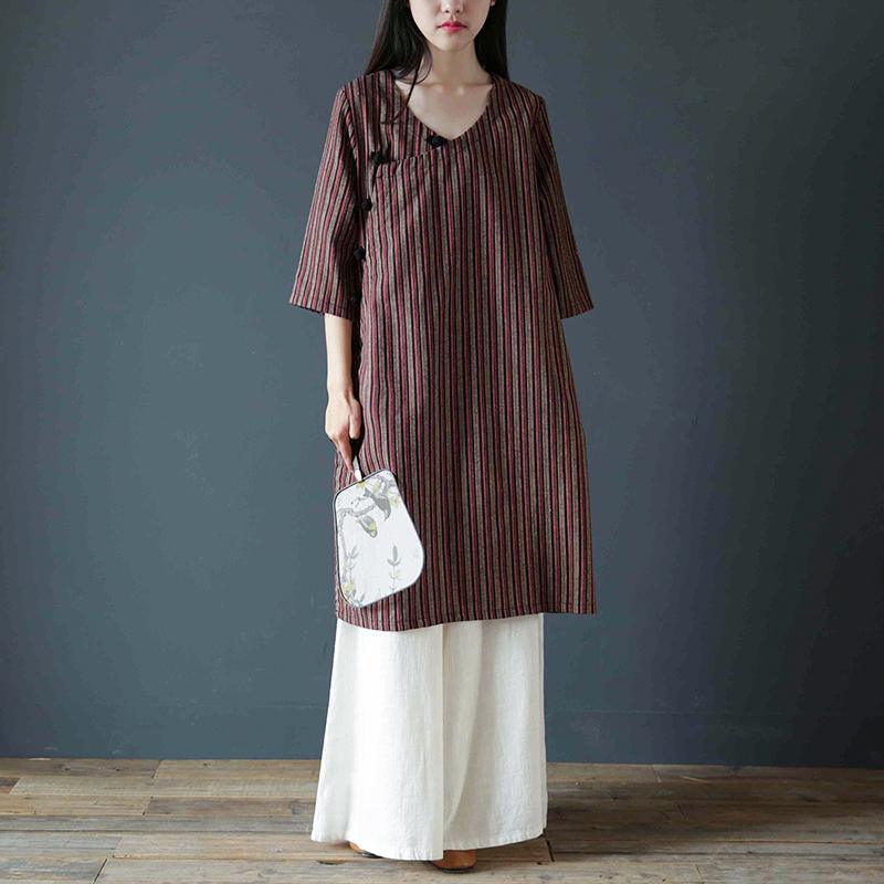 Natural v neck linen clothes Neckline brown striped short Dress - Omychic
