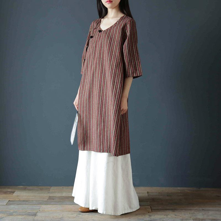 Natural v neck linen clothes Neckline brown striped short Dress - Omychic