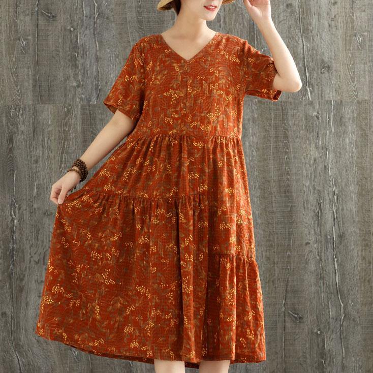 Natural v neck patchwork linen dress Fabrics orange print Dress summer - Omychic