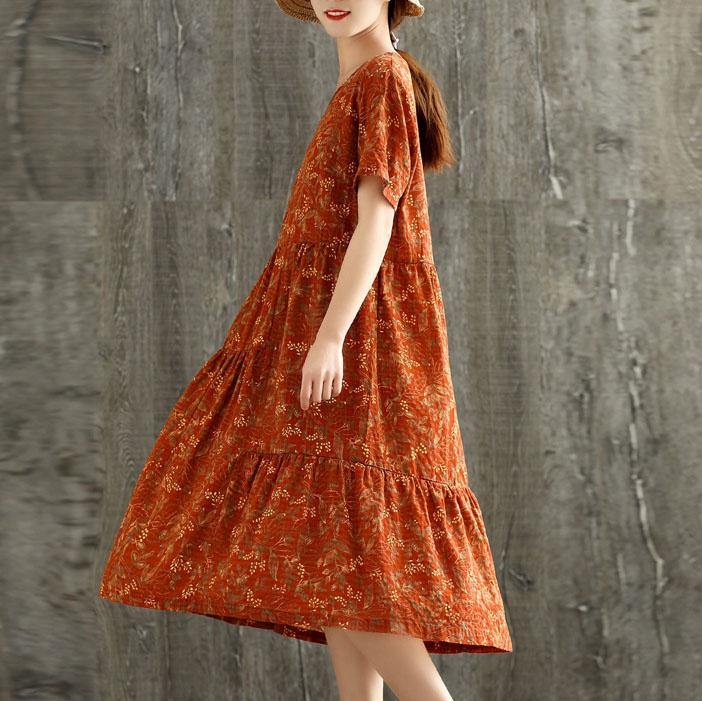 Natural v neck patchwork linen dress Fabrics orange print Dress summer - Omychic
