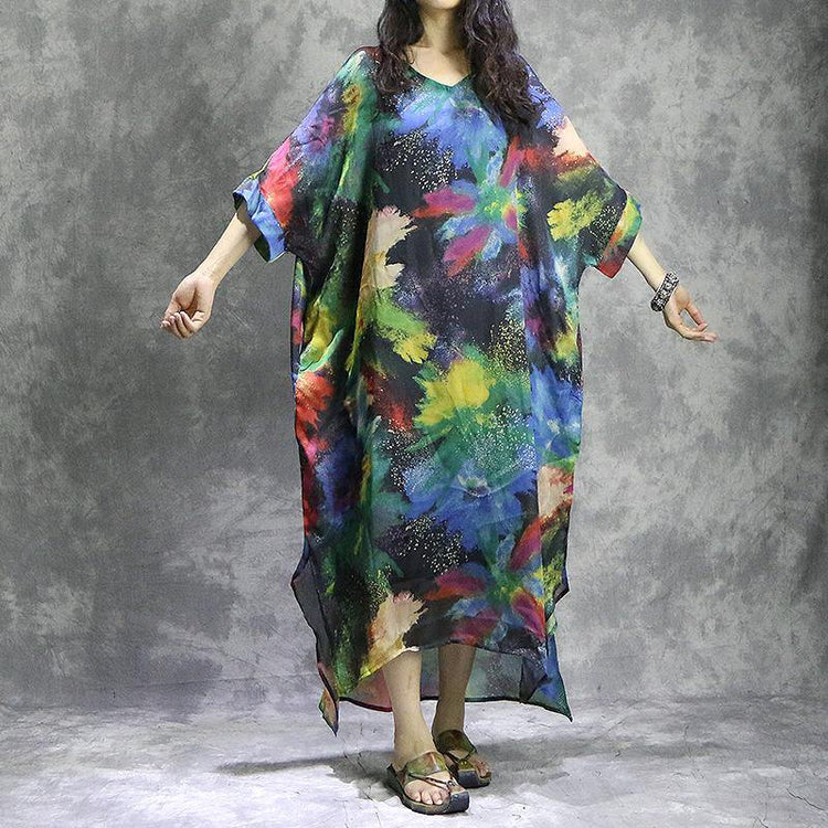 Natural v neck silk quilting clothes Plus Size Work Outfits prints Maxi Dress summer - Omychic