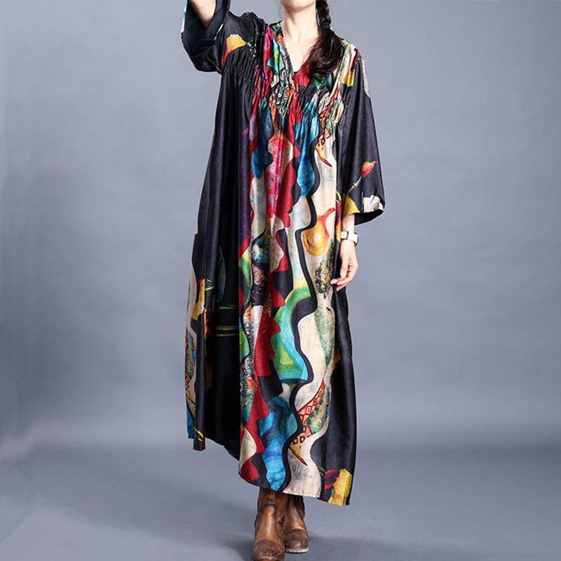 Natural v neck wrinkled tunics for women Tunic Tops black print Dress - Omychic