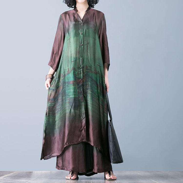 Natural with wide leg pants green prints Silk oversized Dresses summer two pieces - Omychic
