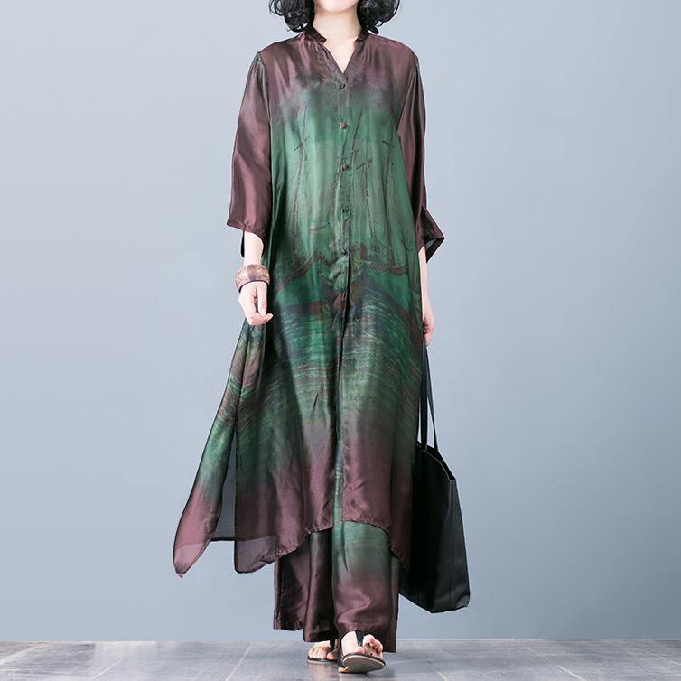 Natural with wide leg pants green prints Silk oversized Dresses summer two pieces - Omychic