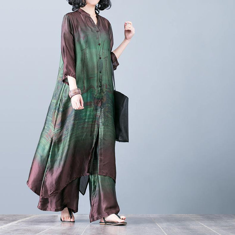 Natural with wide leg pants green prints Silk oversized Dresses summer two pieces - Omychic