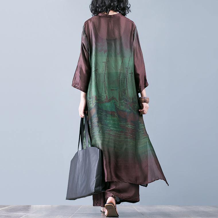 Natural with wide leg pants green prints Silk oversized Dresses summer two pieces - Omychic