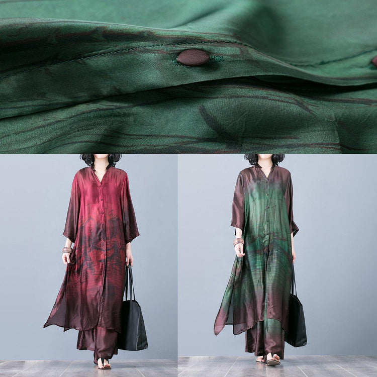 Natural with wide leg pants green prints Silk oversized Dresses summer two pieces - Omychic