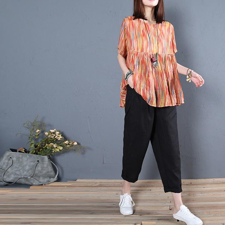 Natural wrinkled o neck cotton clothes For Women Inspiration orange print tops summer - Omychic