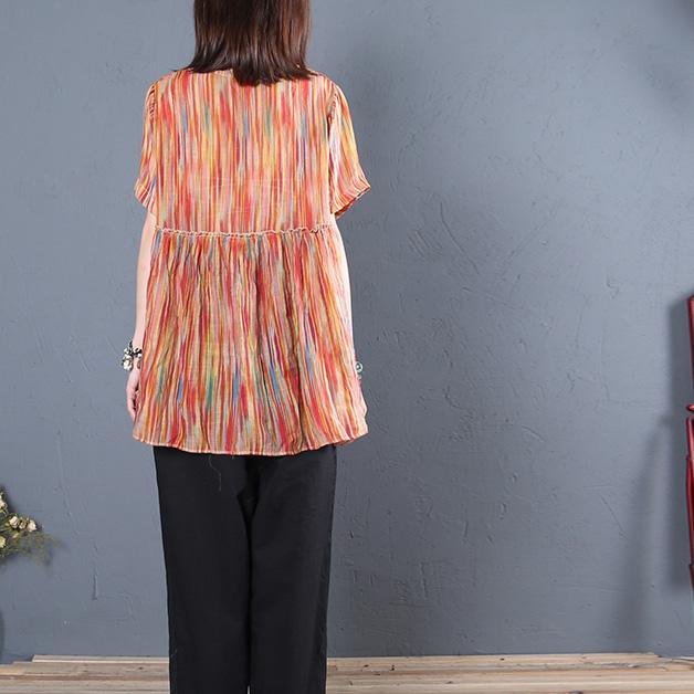 Natural wrinkled o neck cotton clothes For Women Inspiration orange print tops summer - Omychic