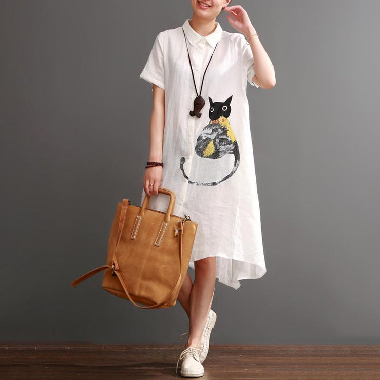 Naughty cat print summer linen maxi dress oversize linen sundresses white - Omychic