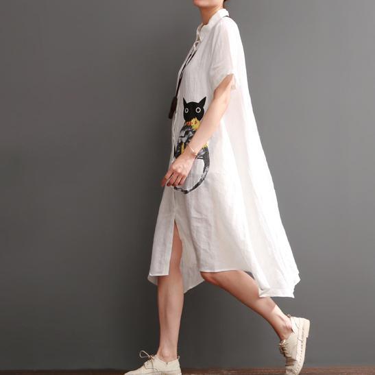 Naughty cat print summer linen maxi dress oversize linen sundresses white - Omychic