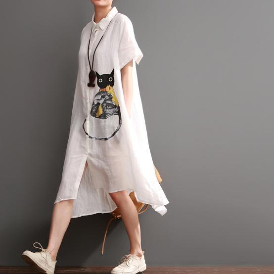 Naughty cat print summer linen maxi dress oversize linen sundresses white - Omychic