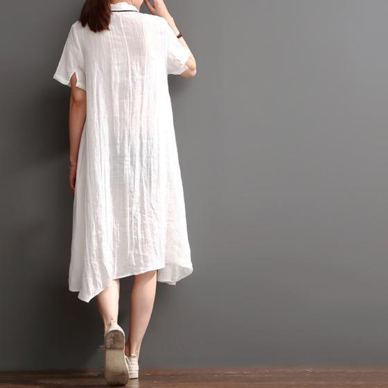 Naughty cat print summer linen maxi dress oversize linen sundresses white - Omychic