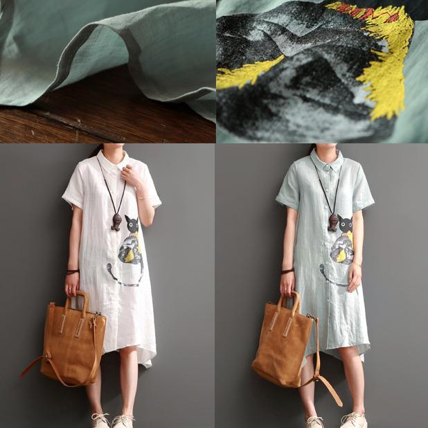 Naughty cat print summer linen maxi dress oversize linen sundresses white - Omychic