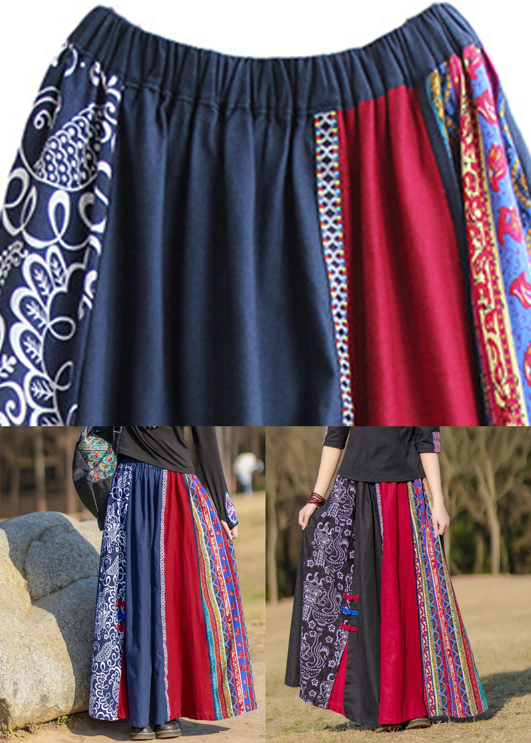 Navy Blue Print A Line Skirt Summer