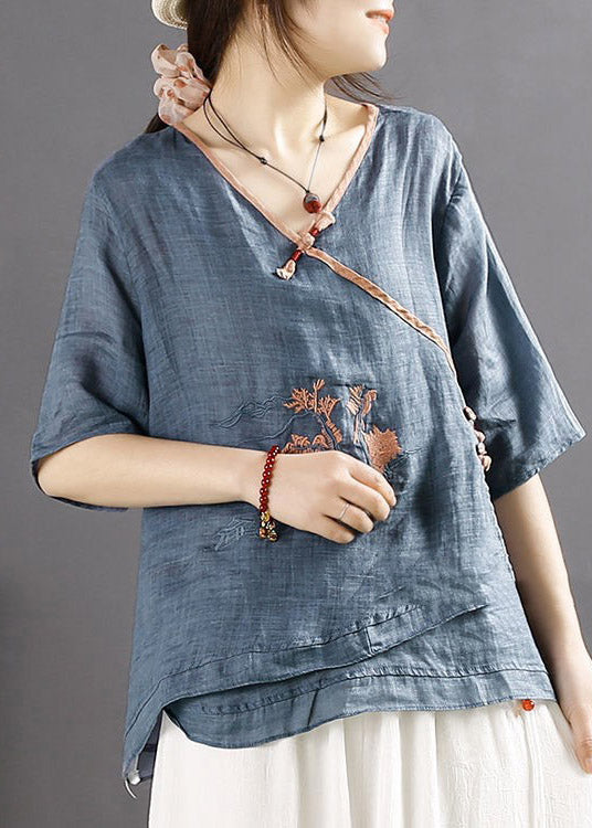 Navy Embroideried Patchwork Linen Top Half Sleeve