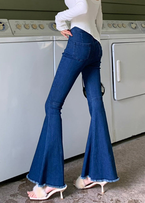 Navy High Waist Button Solid Flared Trousers