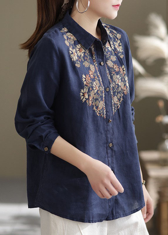 Navy Linen Shirt Top Turn-down Collar Embroideried Spring