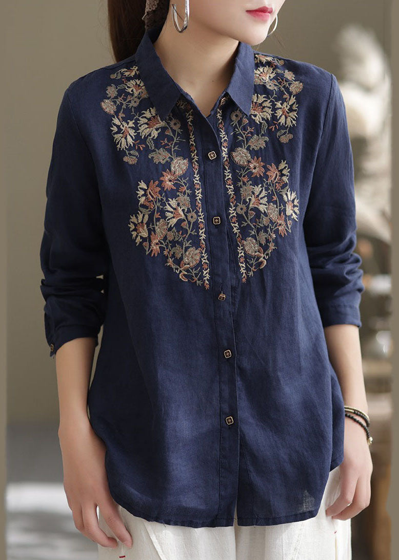 Navy Linen Shirt Top Turn-down Collar Embroideried Spring