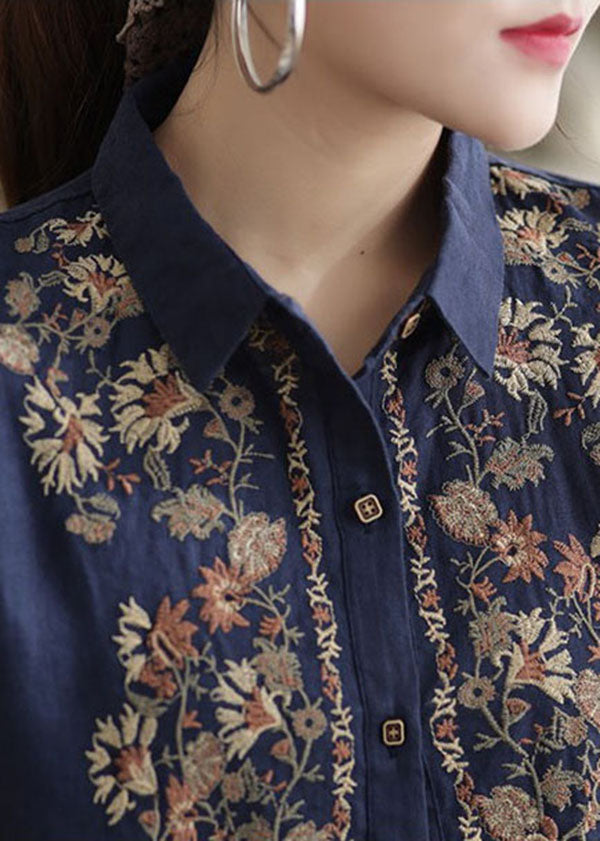 Navy Linen Shirt Top Turn-down Collar Embroideried Spring