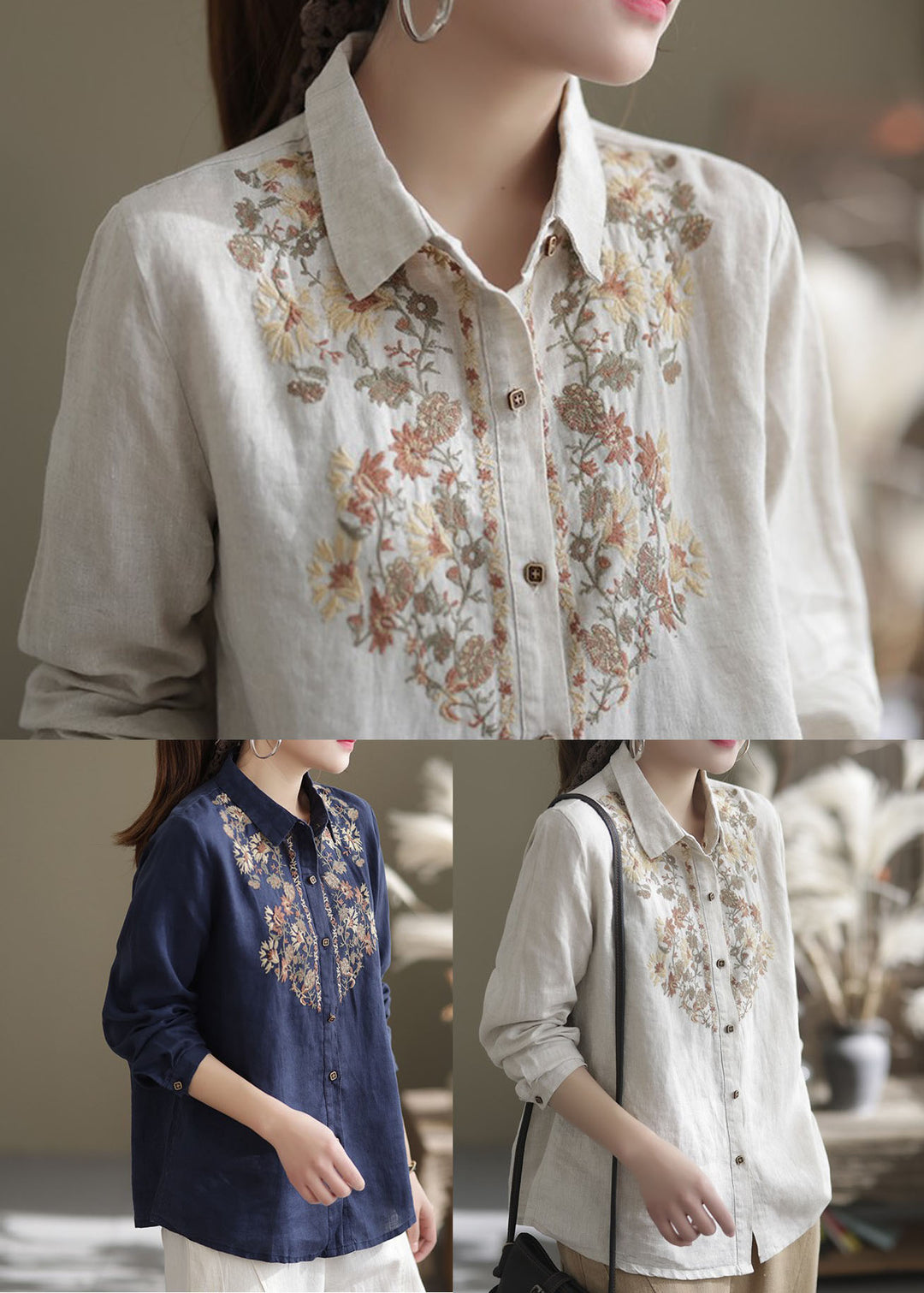 Navy Linen Shirt Top Turn-down Collar Embroideried Spring