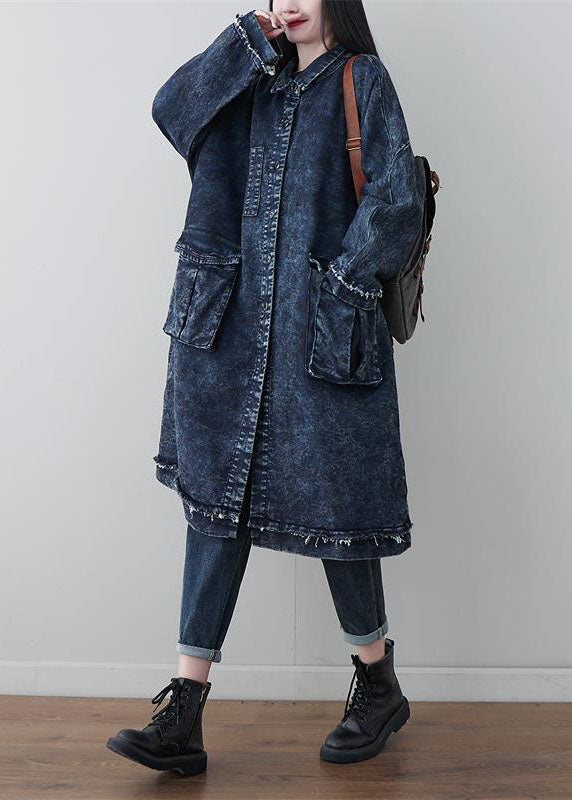 Navy Loose Cotton Trench Coat Camouflage Print Spring