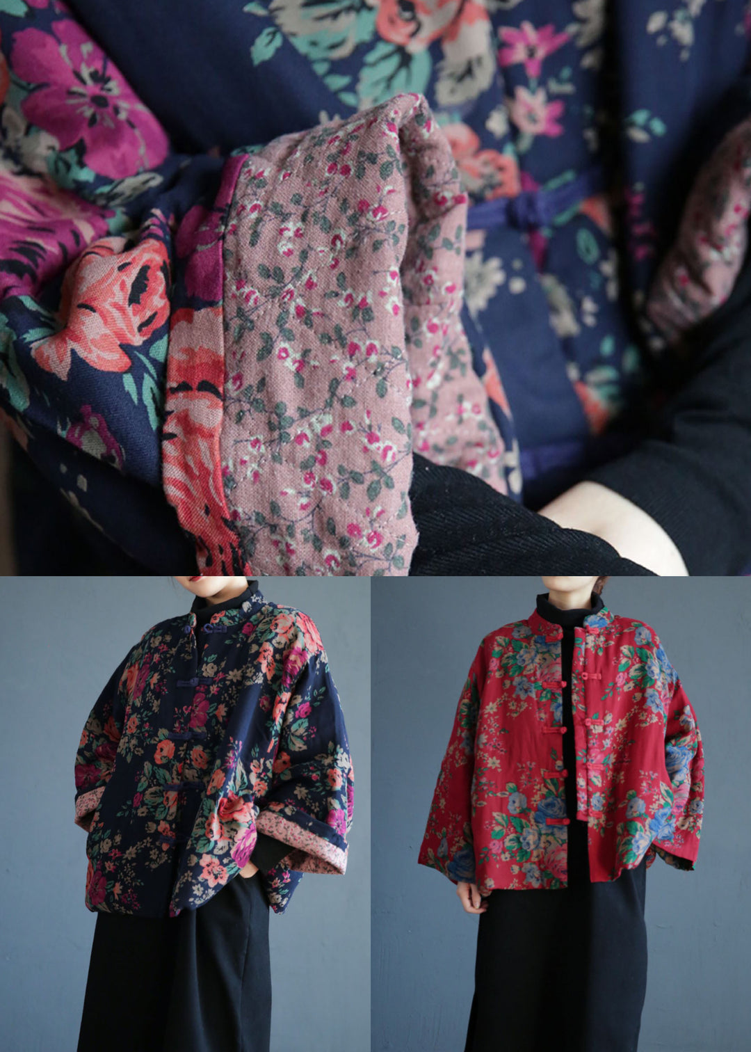 Navy Oversized Fine Cotton Filled Coats Pockets Print Winter