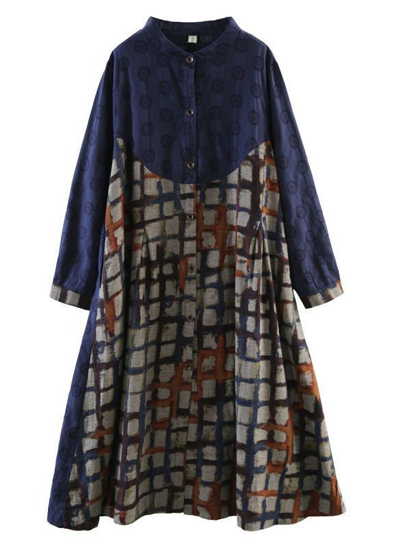 Navy Patchwork Cotton Holiday Dress Stand Collar Oversized Spring