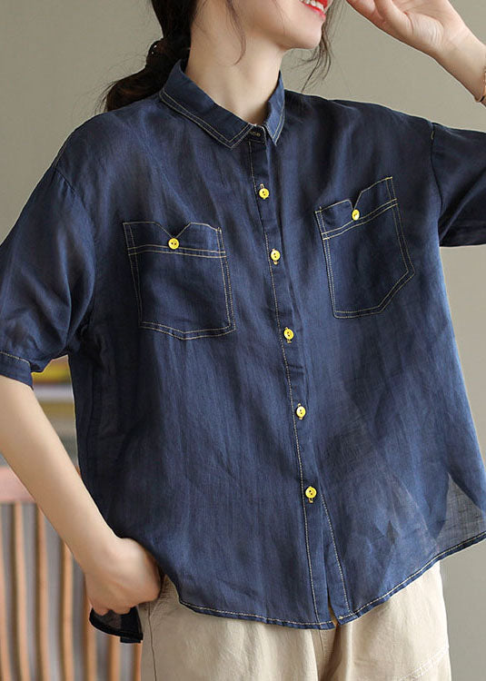 Navy Patchwork Cotton Shirt Top Peter Pan Collar Pockets Summer