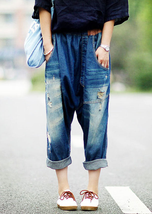Navy Pockets Patchwork Ripped Jeans Pants Spring