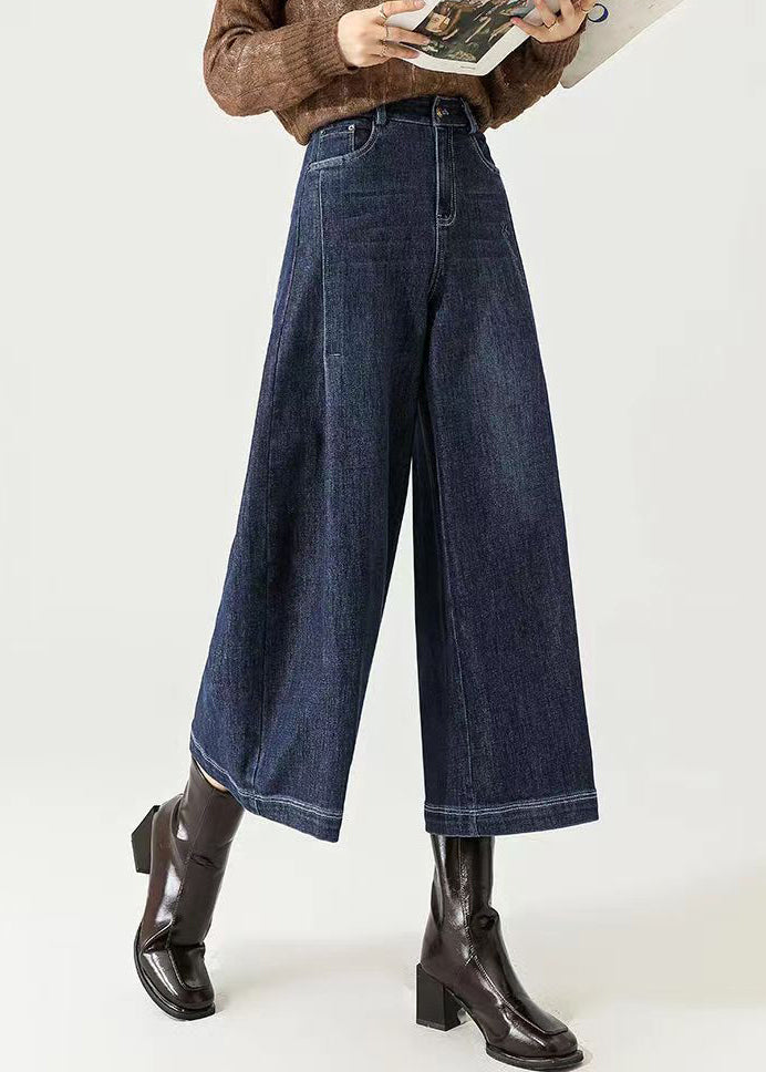 Navy Pockets Versatile Denim Wide Leg Pants High Waist Spring