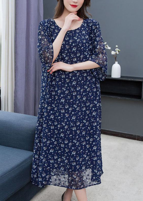 Navy Print Patchwork Loose Chiffon Dresses O Neck Summer