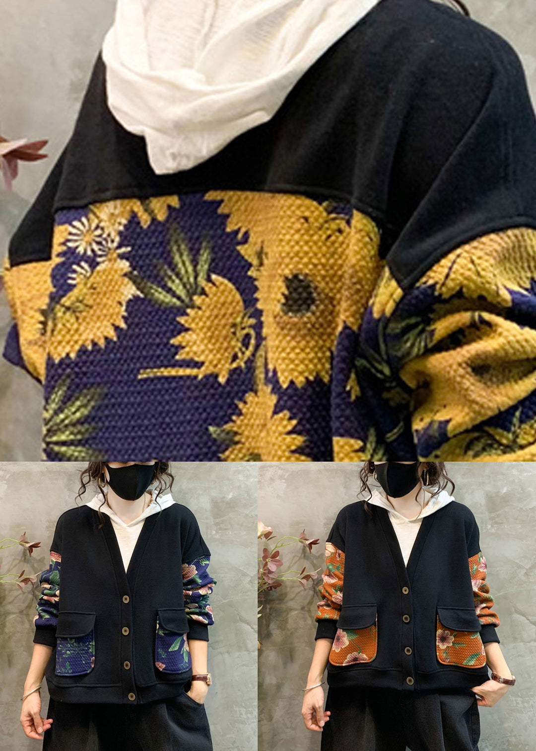 Navy Print Patchwork Warm Fleece Coat V Neck Long Sleeve