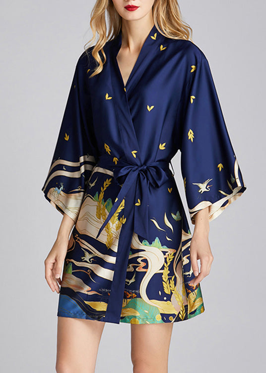 Navy Tie Waist Ice Silk Mid Dress Long Sleeve