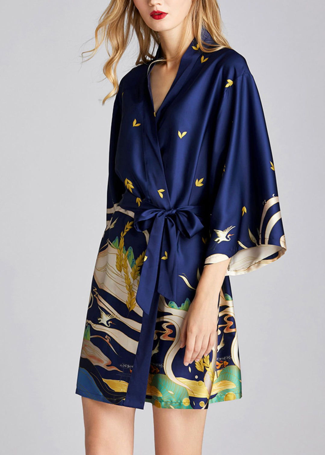 Navy Tie Waist Ice Silk Mid Dress Long Sleeve