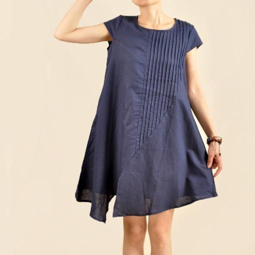 Navy Asymmetric sundress plus size cotton summer dresses - Omychic