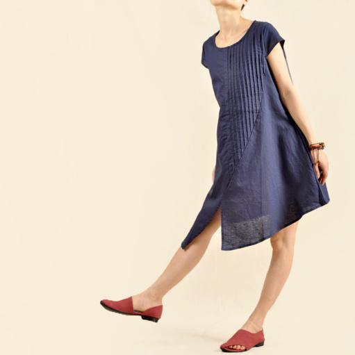 Navy Asymmetric sundress plus size cotton summer dresses - Omychic