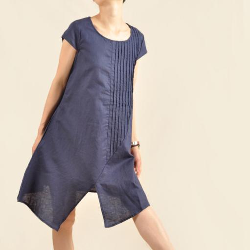 Navy Asymmetric sundress plus size cotton summer dresses - Omychic